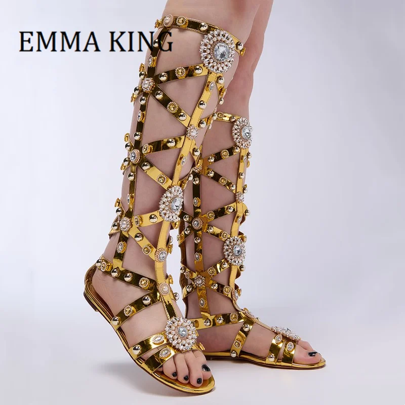 Women Golden Gladiator Sandal Sexy Open Toe Crystal Embellished Knee High Sandal Boots Ladies Strappy Cut Out Rhinestone Flats