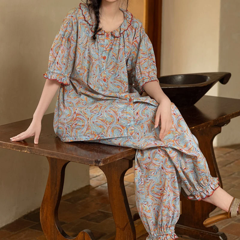 Pajama Pants Set Women's Clothing Homewear Summer New Vintage Outer Wear Comfortable Casual Fashion Breathable Loose Fit Large