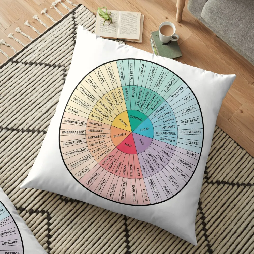 

Wheel of Feelings and Emotions - Therapy and Counseling Art- DBT & CBT Gift for Counselor, Therapist and Parent Floor Pillow