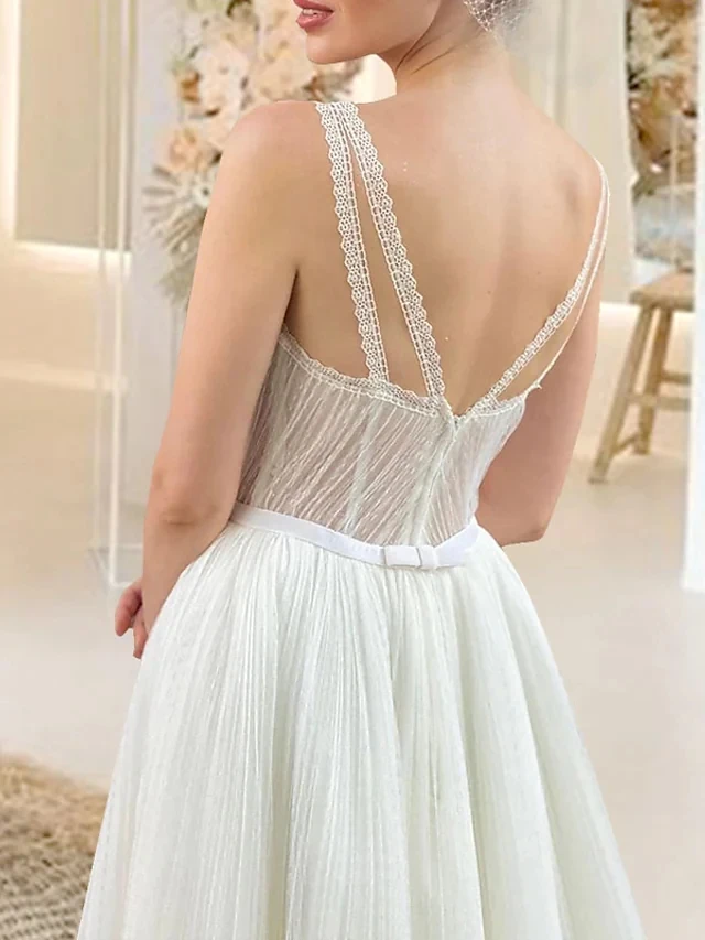 A-Line Sweetheart Tea Length Wedding Dresses Tulle Sleeveless Simple Vintage Sexy Little White Backless 1950s Bridal Gown