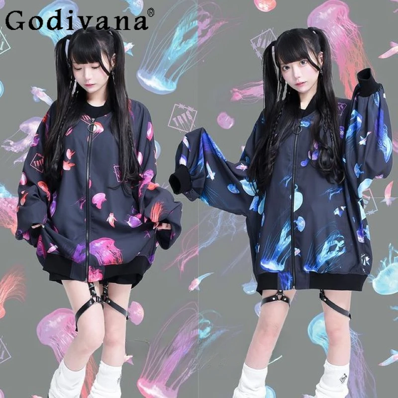 

Japanese Style Harajuku Dark Mine Subculture Sports Hoodie for Women Loose Mid-Length Cardigan Jacket Coats Spring and Autumn