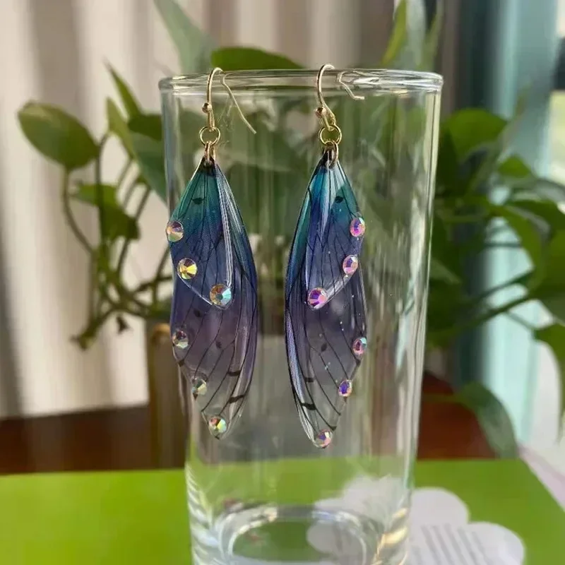 Gradient Color Women Earring Beautiful Silver Cicada Wings Earhook Colorful Large Butterfly Temperament Immortal Dangle Earrings