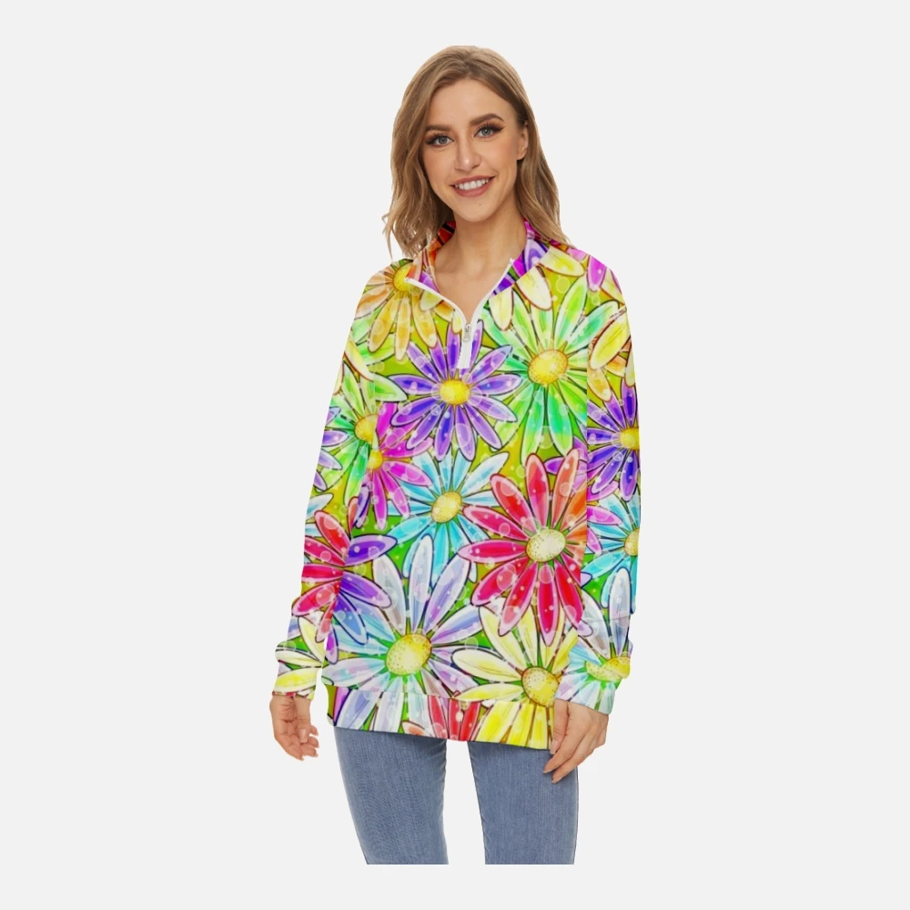 

Women Fashion Sweatshirt Long-sleeved Half Stand Collar Zip Crew Neck Flowers Printing Sweatshirt Spring Long Sleeve