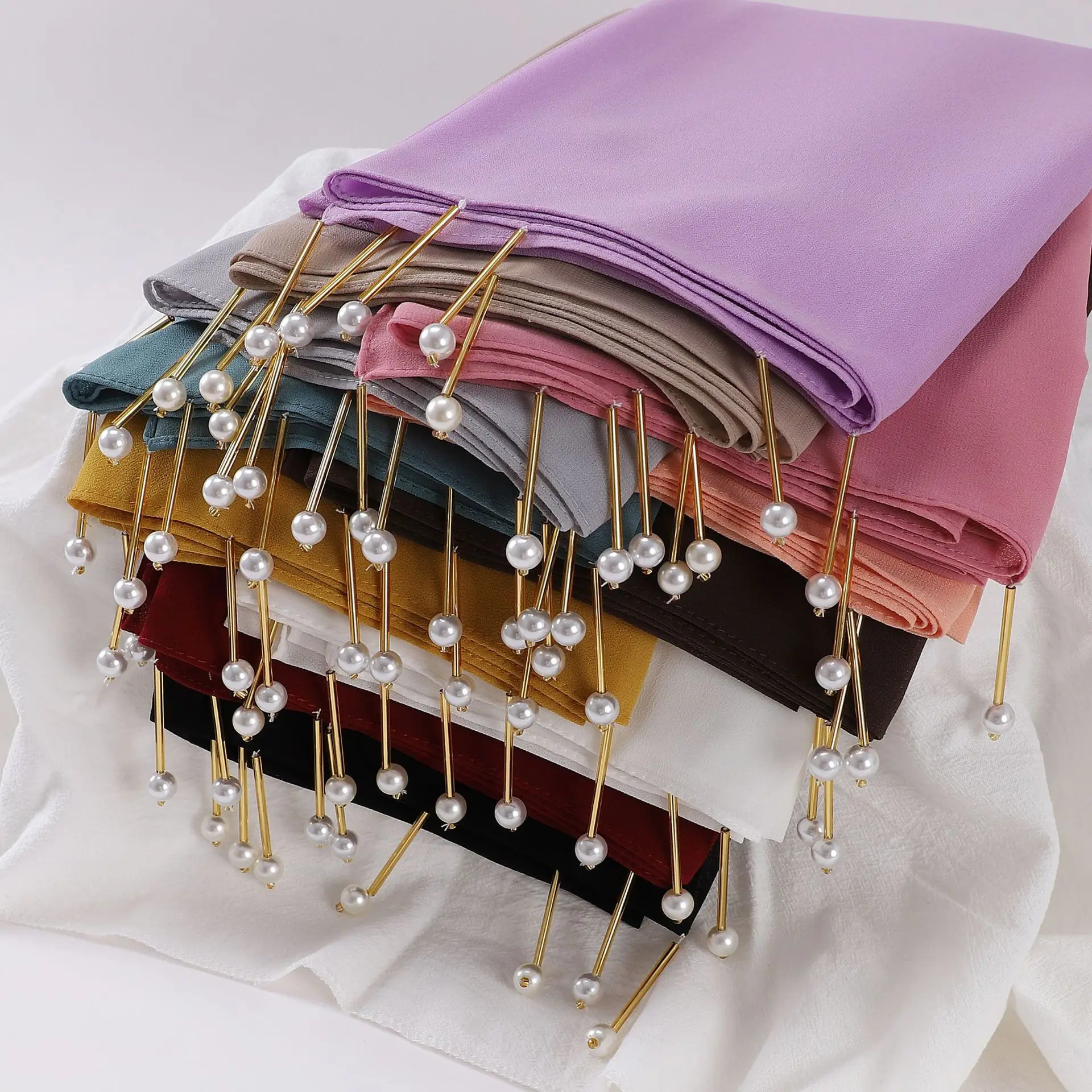 Bufanda de gasa con perlas y borlas para Mujer, Hijab musulmán, turbante, estola, chal, pañuelo para la cabeza, Bandanas, Diadema, Bufanda, Foulard, Turbante para Mujer