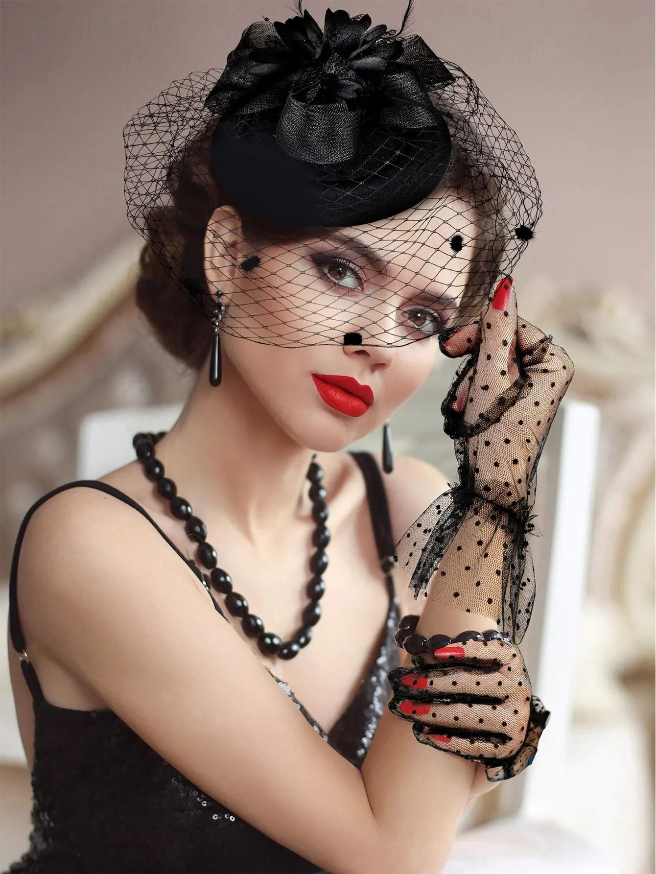 Fascinators Hat for Women Pillbox Hat Black Veil Funeral Hat Tea Party Hat and Lace Gloves 50s Costume