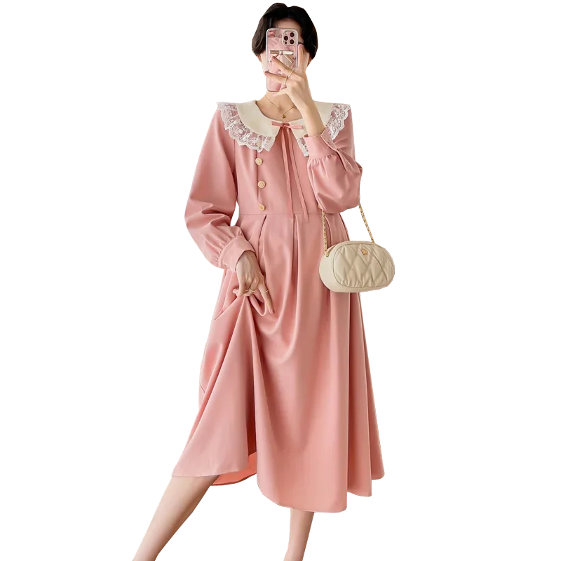 Sweet Maternity Dresses 2024 Spring New Fashion Lovely Lave O Neck A Line Slim Clothes for Pregnant Women Pregnancy Clothing