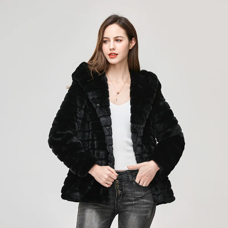 2024 New Imitation Faux Fur Women\'s Hooded Casual Loose Warm Coat Female Fashion Jacket Thick Warm Snow Slim Girls Outerwear