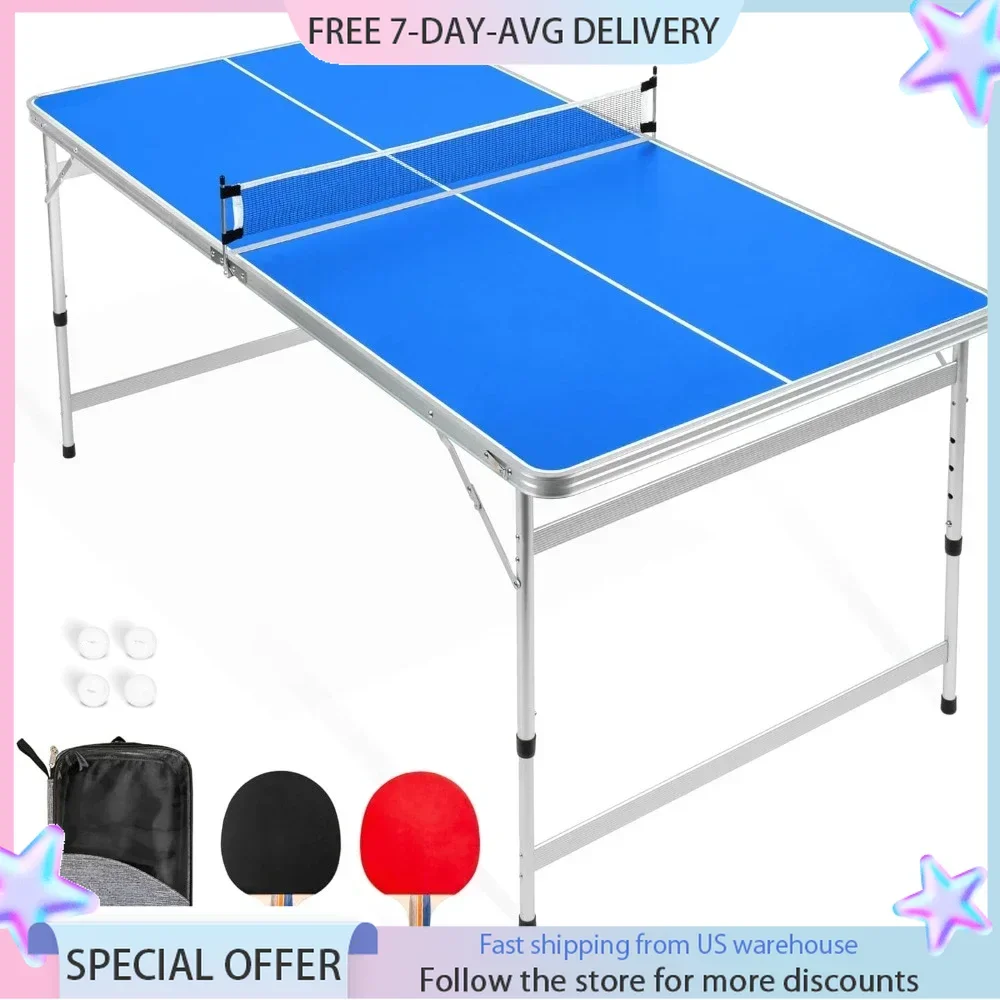 Table Tennis Table, 6 X 3 Ft Mid-Size Set with Adjustable Height, Bring Two Rackets and Four Balls, Foldable Ping Pong Table