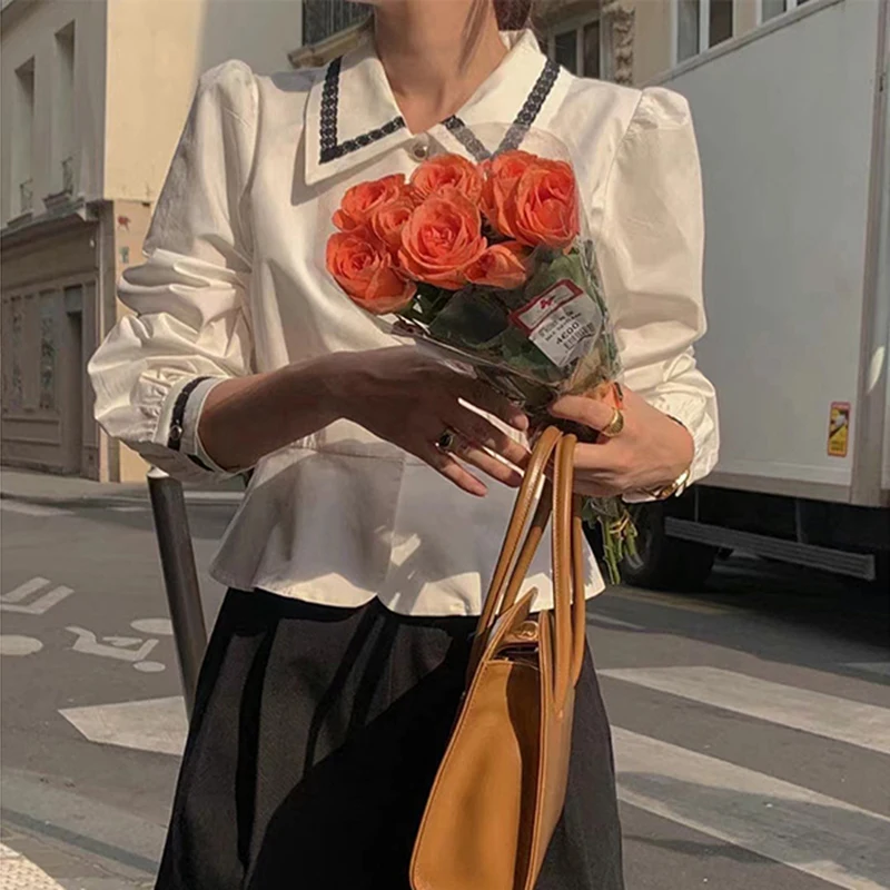 

Винтажные укороченные белые рубашки женские элегантные кружевные лоскутные пышные блузки с длинными рукавами женские корейские однобортные дизайнерские топы новые