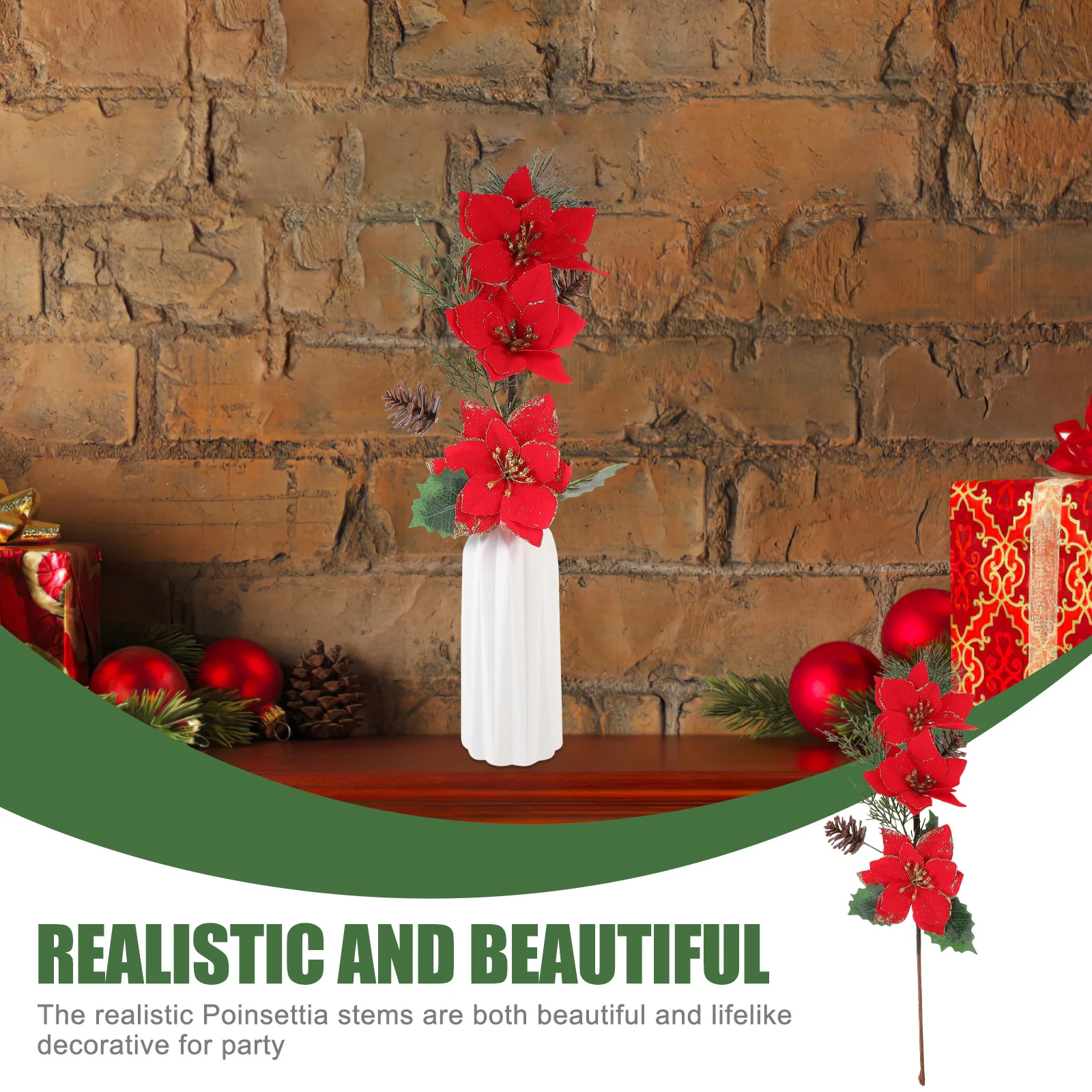 

2Pcs Xmas Poinsettia Flower Picks Artificial Christmas Stems Decorative Xmas Tree Floral Arrangement Party Decor