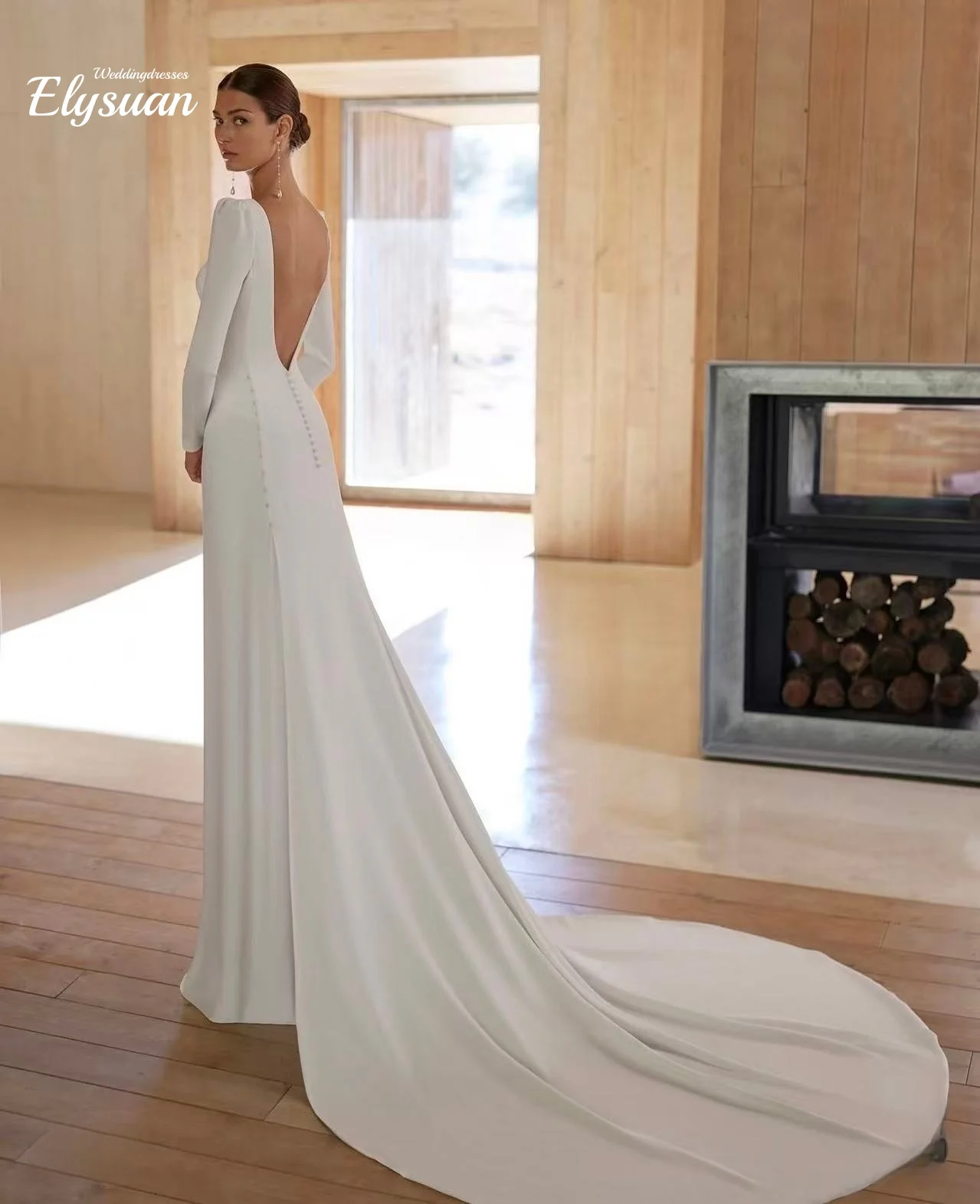Customized weddingdress, one-shoulder full-sleeve bride's dress, satin mermaid long tail, new sweeping train in the front hall o