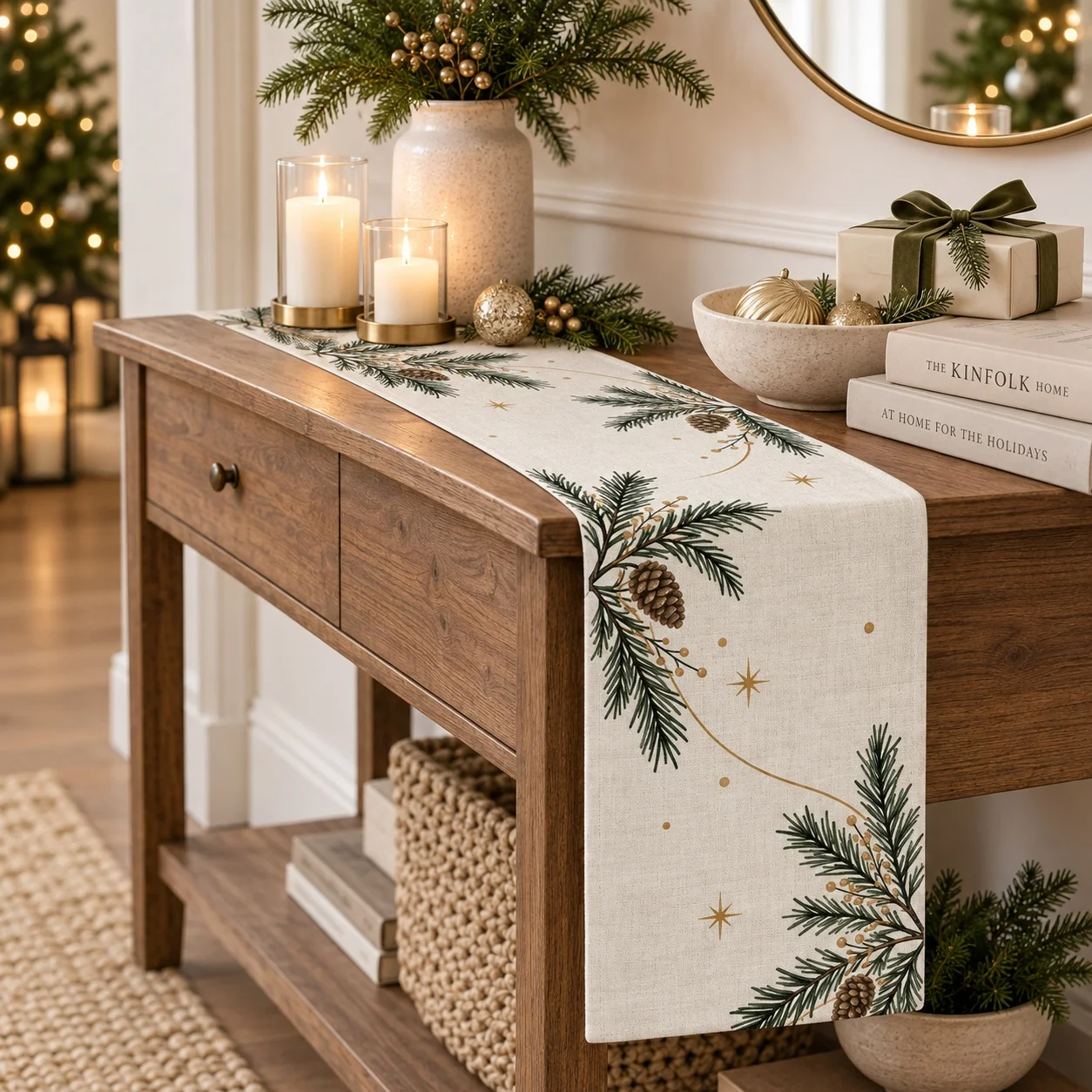 Christmas Table Runner Pine Branch Pinecone Pattern Nordic Holiday Dining Table Decor Farmhouse Winter Home Decoration