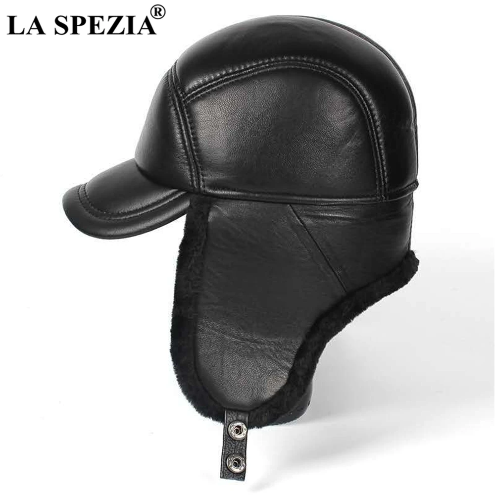 LA SPEZIA Winter Hat Men Genuine Leather Sheepskin Bomber Hat Earflap Black Warm Thick Ski Snow Windproof Male Russian Hat