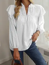 Top Women Korean Casual Women's Shirt Solid Color Ruffled Lantern Sleeves Lace Patchwork Top Loose Casual Elegant Women's Shirts