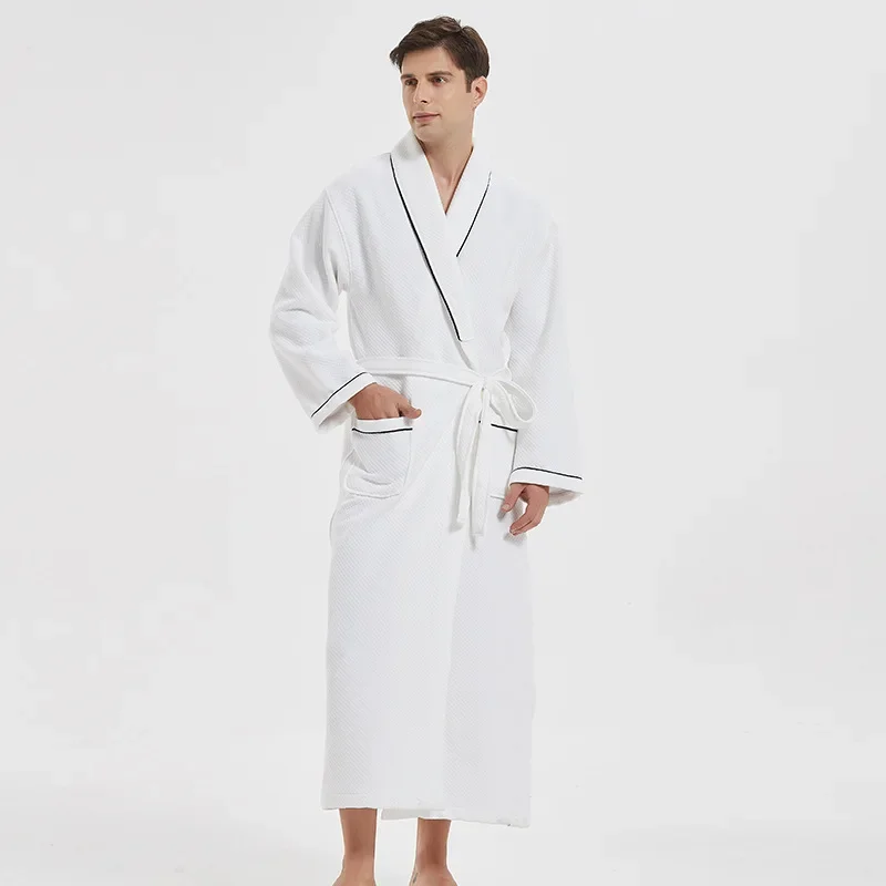 

Men's Waffle Bathrobe Autumn Winter Long Sleeve Turn Down Homewear Solid Couple Dressing Gown Kimono With Sashes For Male