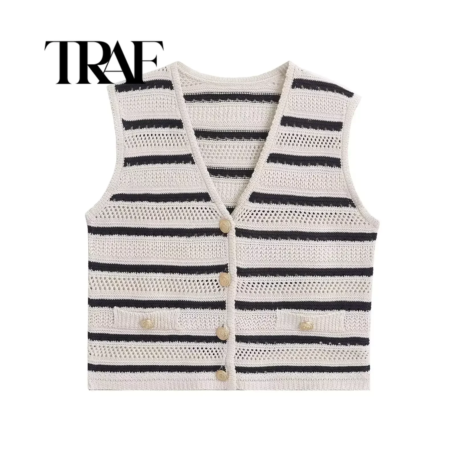 

TRAF Striped Knit Short Tank Top Women Summer Sleeveless V Neck Button Pockets Decoration Sexy Highstreet Elastic Slim Top