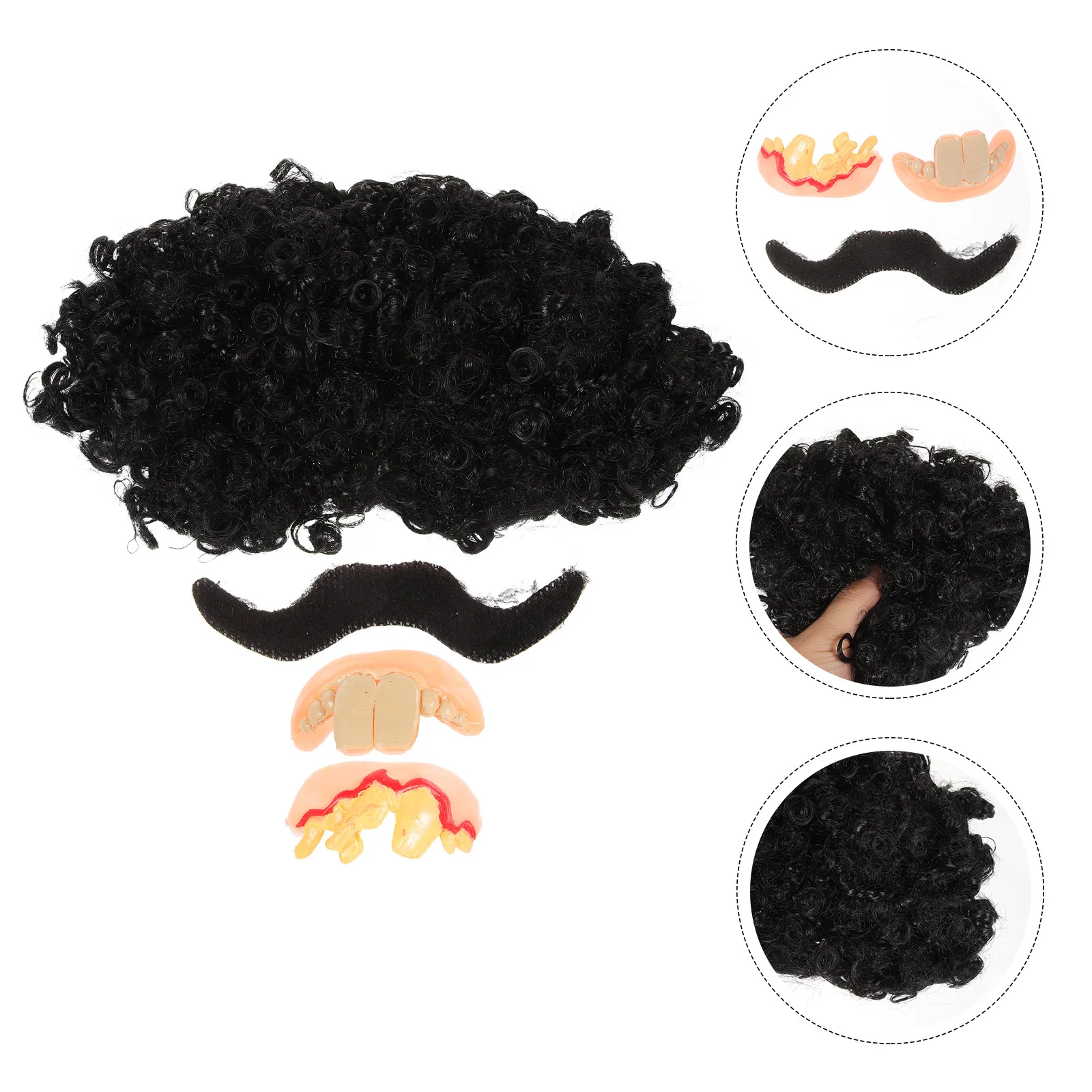 ชุดฟันปลอมและหนวดปลอมสำหรับฮาโลวีน 4 ชิ้น สีดำ หนวดปลอมแบบหลวม ฟันปลอมแบบเน่า สำหรับแต่งกาย คอสเพลย์ ปาร์ตี้ งานแฟนซี