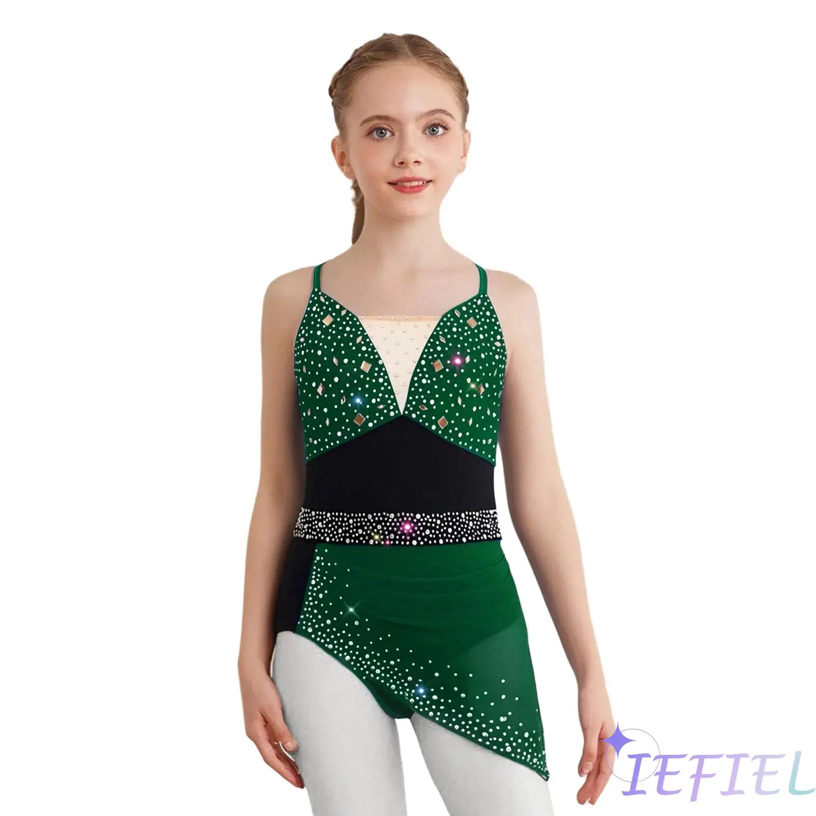 

Girls Figure Skating Lyrical Dance Performance Costume Cross Back Spaghetti Straps Sparkly Rhinestones Ruched Asymmetrical Dress