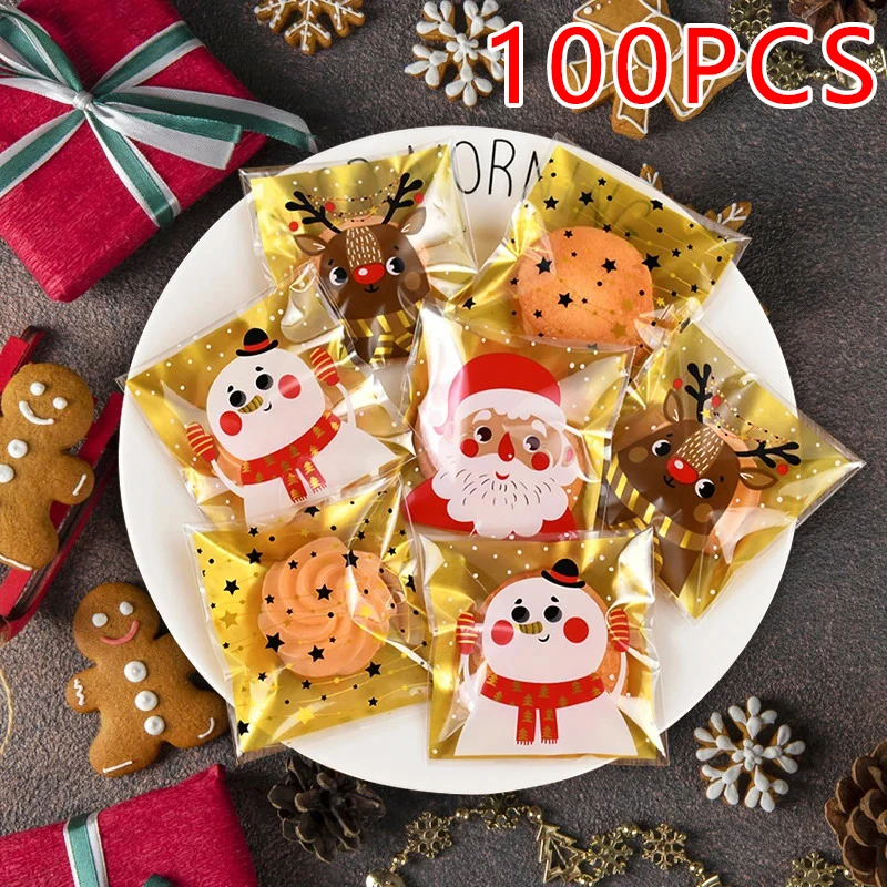 

100Pcs Christmas Cookie Candy Bag Santa Claus Plastic Biscuit Gift Packaging Bag Xmas Party Snack Packaging 2025 Food StorageBag