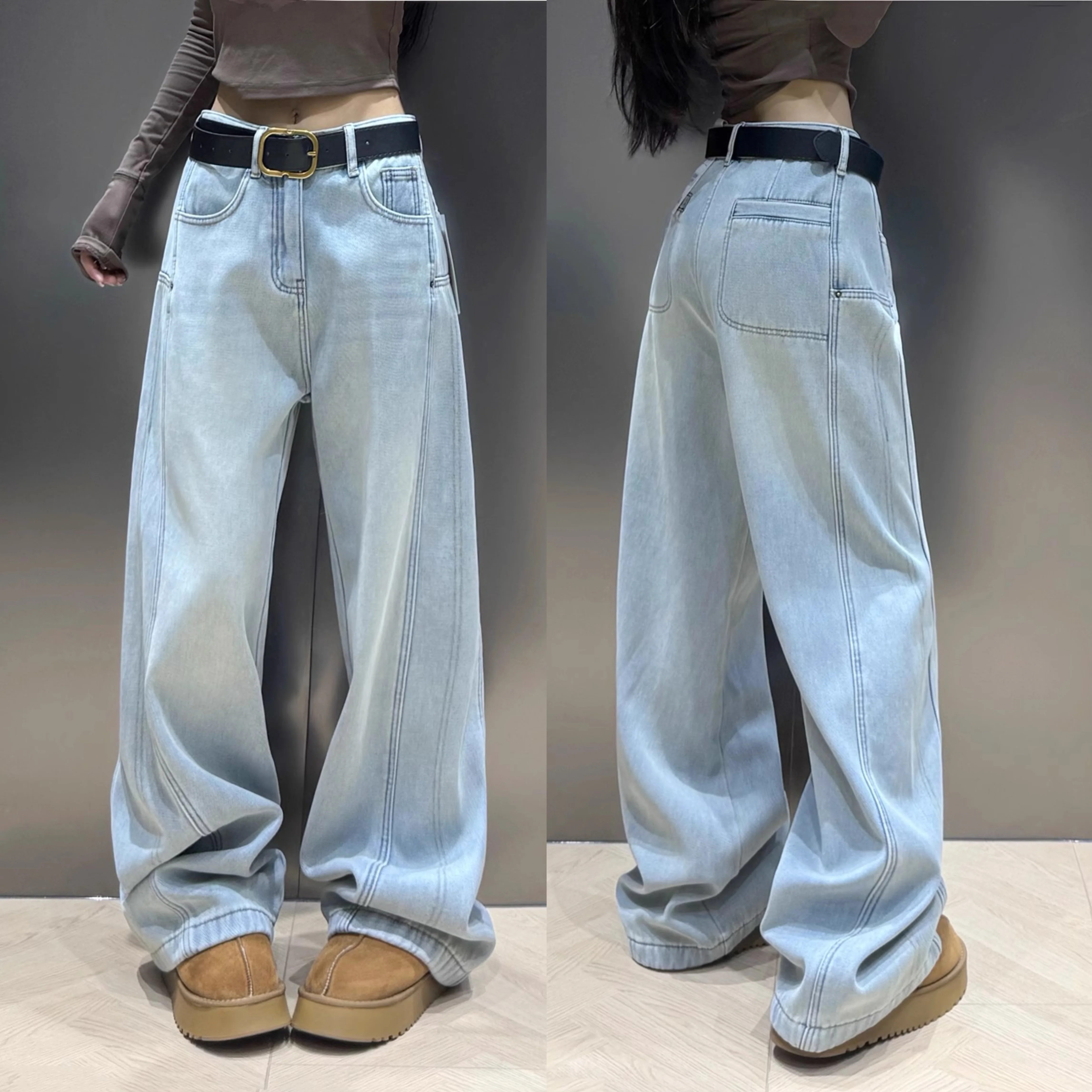 Light colored jeans for women in spring 2025 new three-dimensional cut straight leg wide leg pants casual slimming floor pants