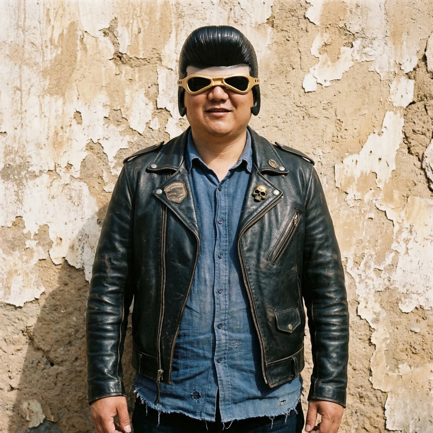 

Retro Rocker Latex Mask with Pompadour Hair & Vintage Sunglasses Funny Biker Costume Mask for Halloween Party Cosplay