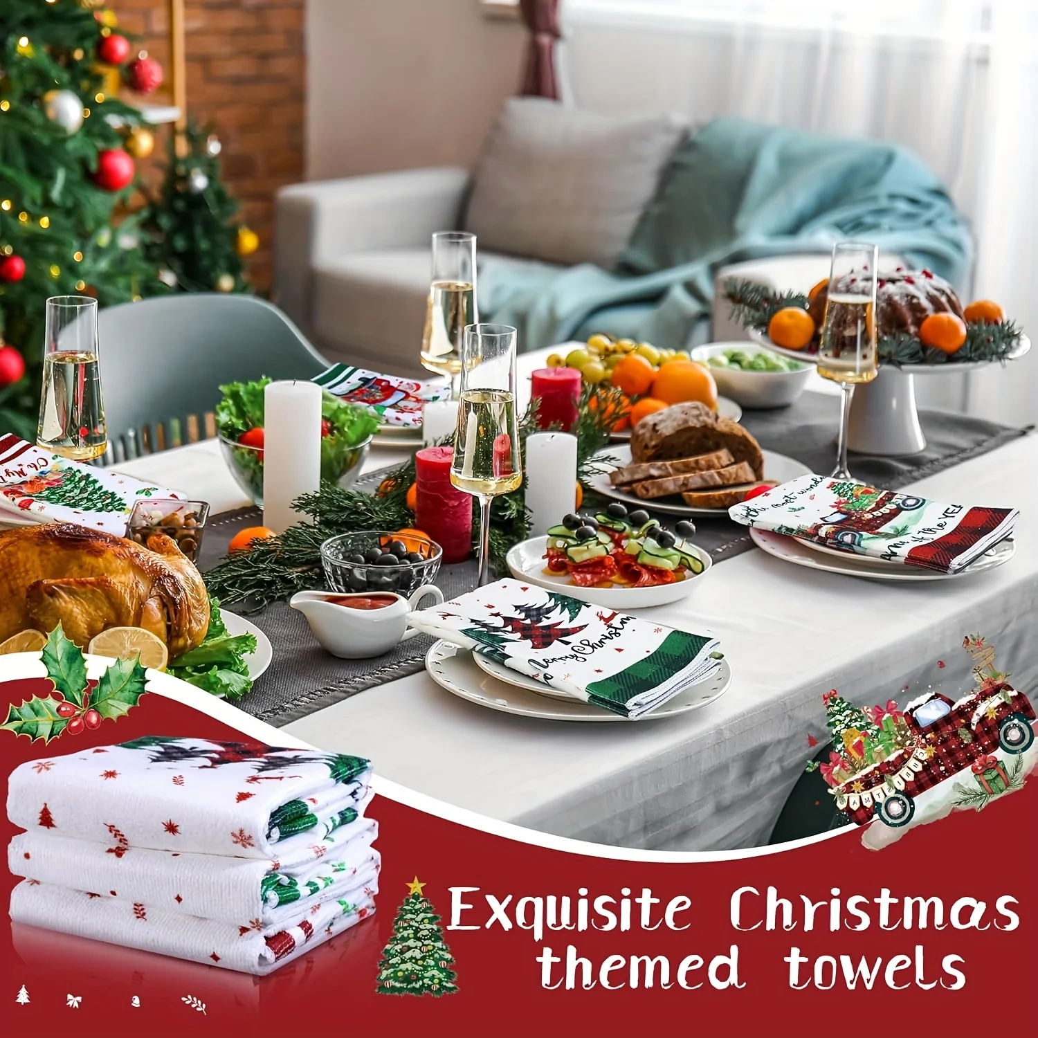 5pcs Home Christmas Kitchen Towels Embroidered, Dishcloths Decoration For Xmas With Plaid, Waffle Weave Cute Tree, Santa, Bell.