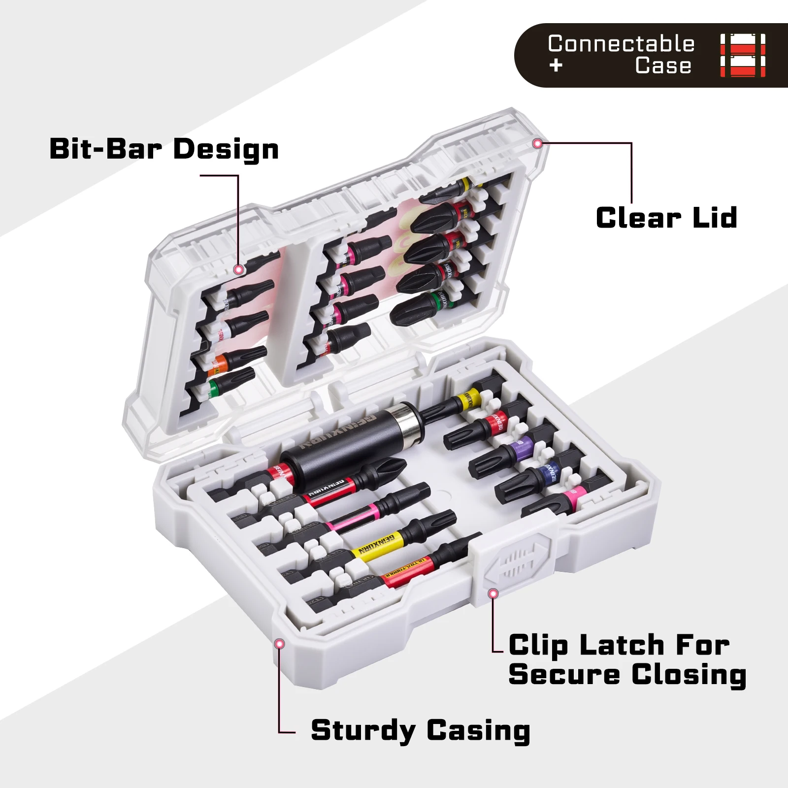 Geinxurn 25-teiliges Schlagschrauber-Bit-Set mit extremem Drehmoment, gemischte Bitspitzen mit mehreren Einsatz, Bithalter und Aufbewahrungskoffer