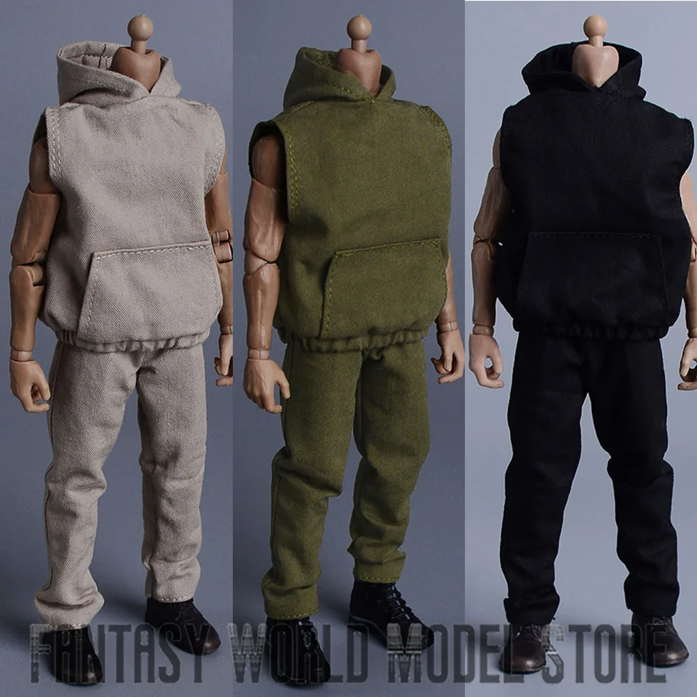 ATS-Moda Roupas Soldado Masculino, Hoodie Sem Mangas, Calças Perna Longa Reta, 3 Cores, 6 '', Action Figure Body Doll, Escala 1:12