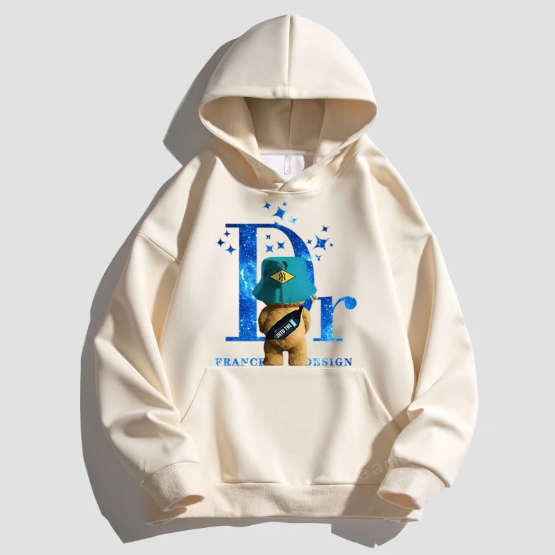 

Fashion Unisex Letter Bear Print Hoodie, Pulôver Casual, Moda Natalícia Solto Street Wear Skate Monocromático Novo Outono