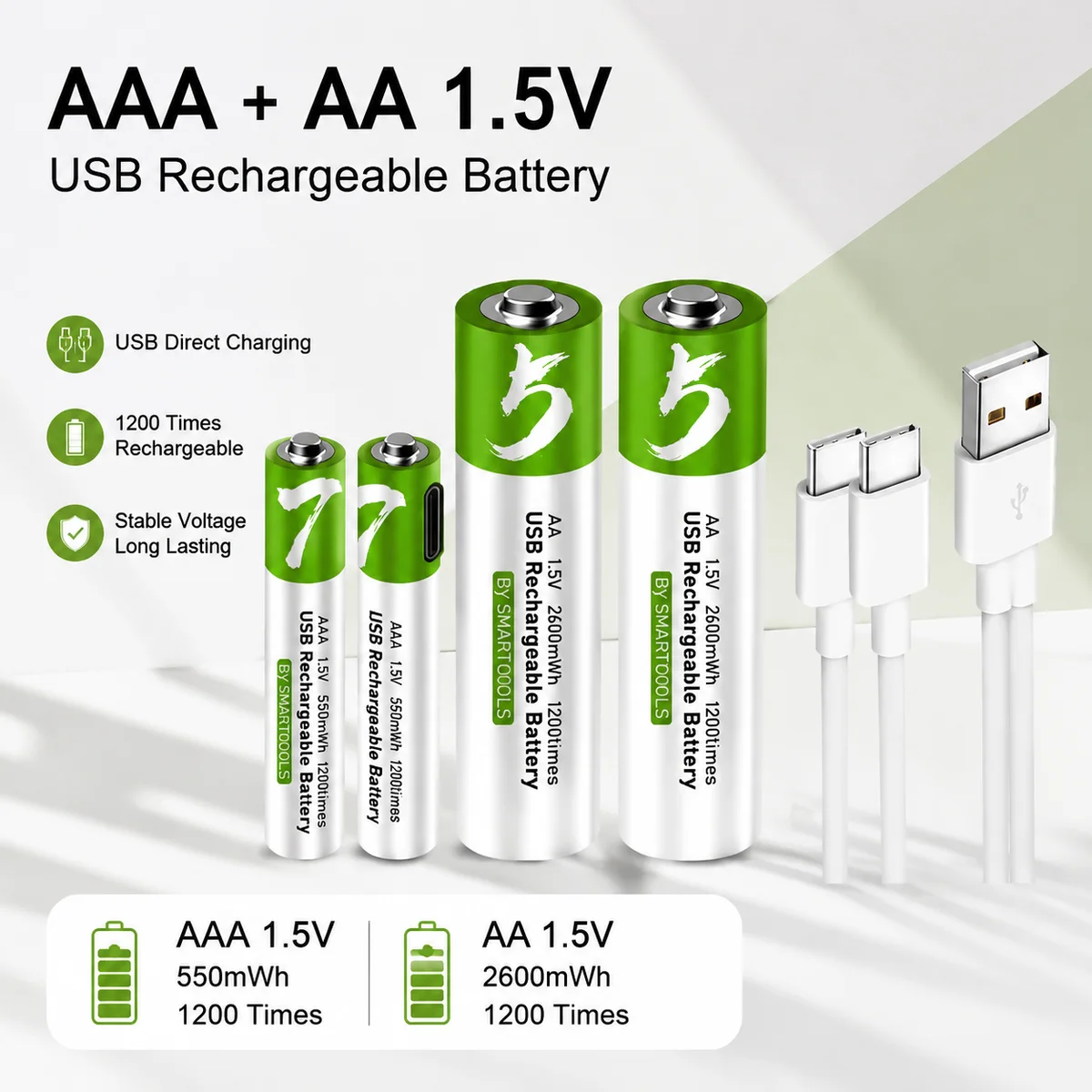 USB Rechargeable Li-ion AA AAA Batteries 1.5V, AA 2600mWh AAA 750mWh, With Type-C Cable For Mouse Clock Shaver Thermometer