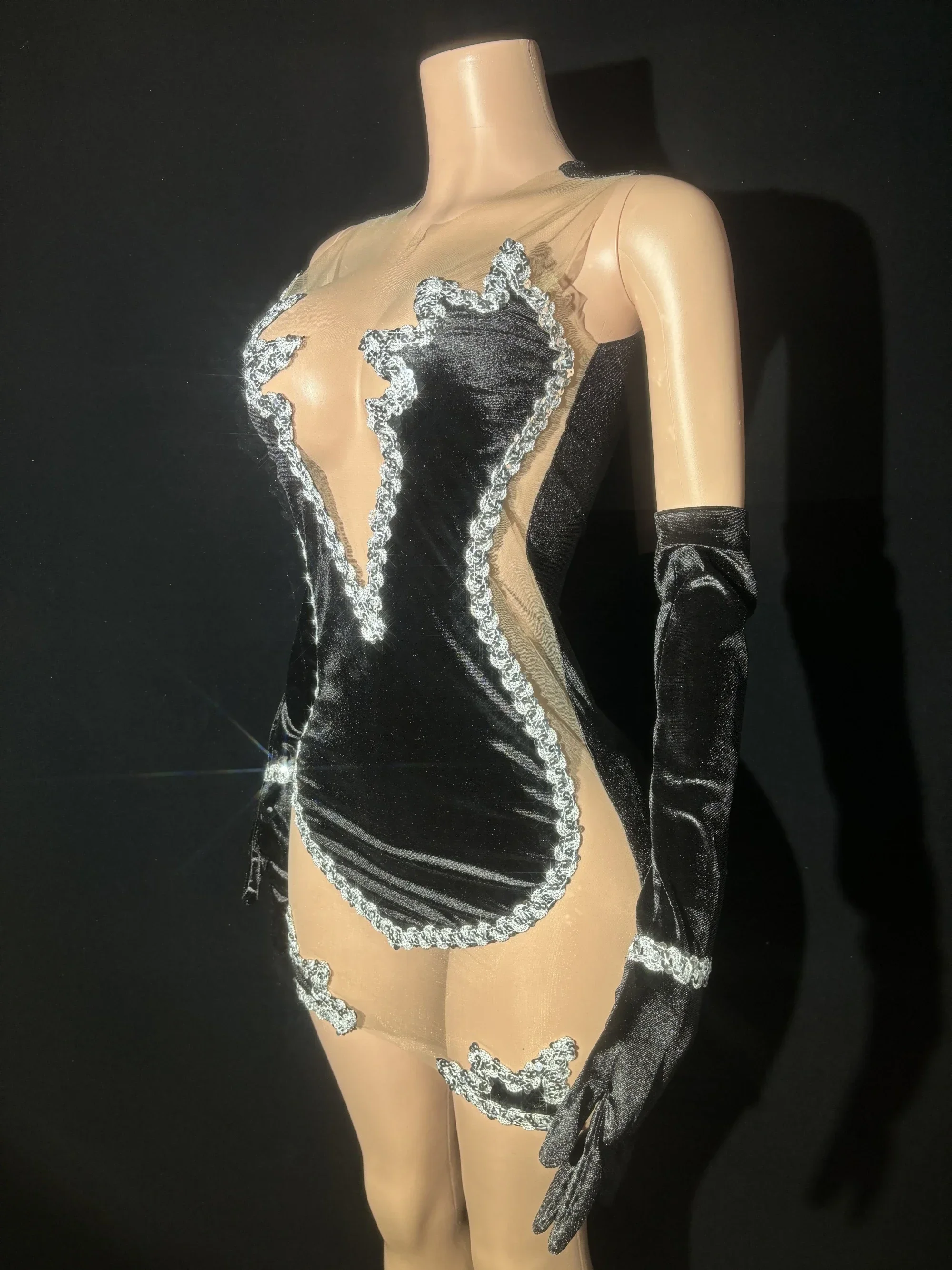 Black Velet With Gloves Sexy See-Through Sheath Evening Party Nightclub Performance Costume Bar Singer Stage Wear Mini Dress