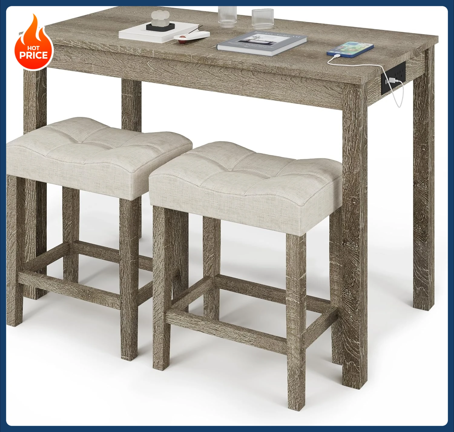 [Limited Time Offer!]3-Piece Counter Height Bar Table Set with Socket and 2 Fabric Padded Bar Stools, Tall Kitchen Breakfast Din