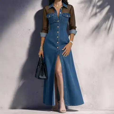 Women Elegant Sheer Mesh Patchwork Faux Denim Maxi Shirt Dress Lapel Collar Long Sleeve Single Breasted Front High Split Waist C