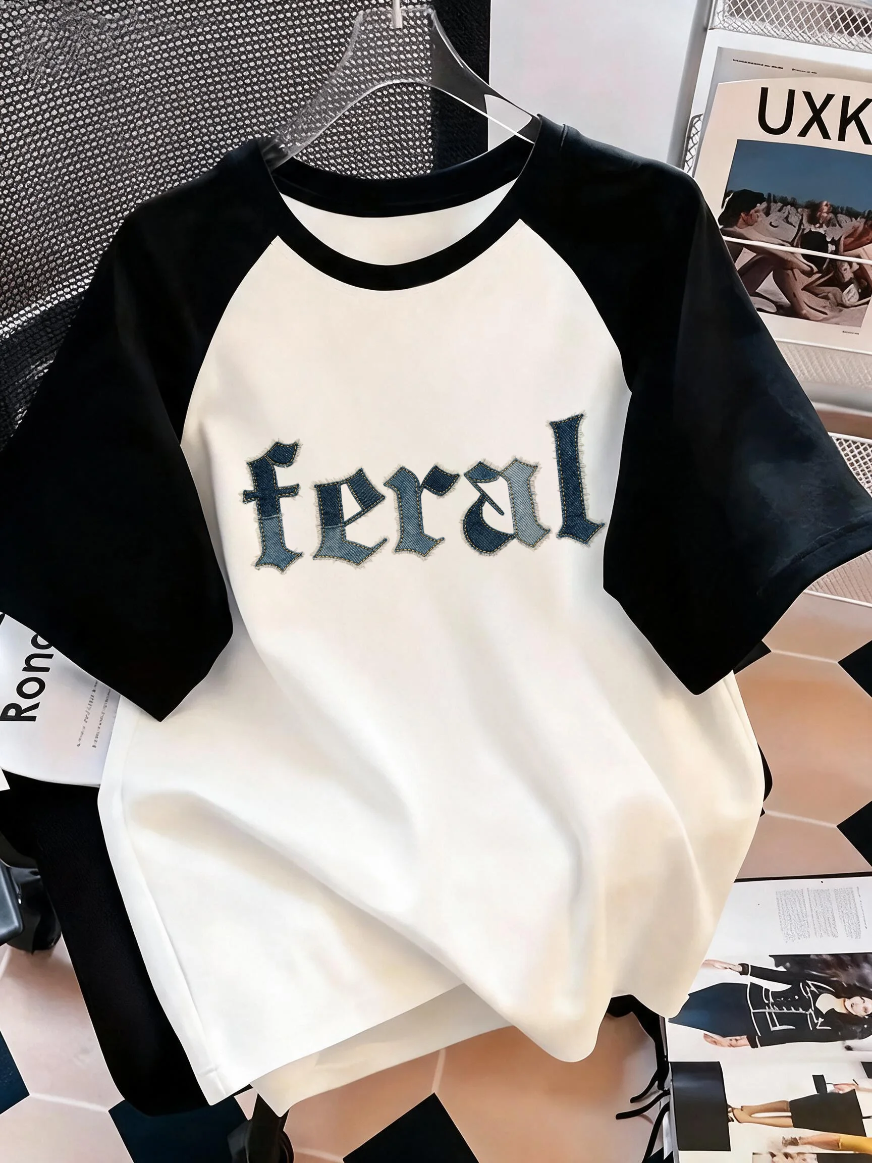 vintage Letter Feral Design of Imitation Denim Fabric Print Tops Women's Raglan Short Sleeve T Shirt Casual Retro Clothes Y2k