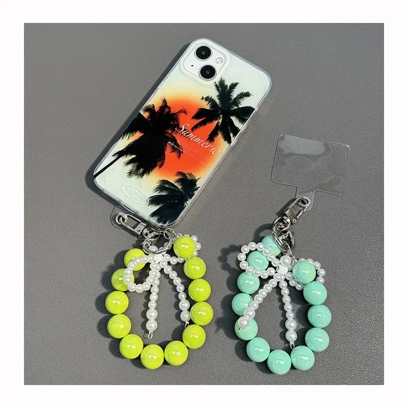 

Cute Mobile Phone 3D Bow Pearl Pendant Bracelet Chain For iPhone 17 16 15 14 Pro Max Samsung Z Flip 6 5 Camera Keychain Airpods