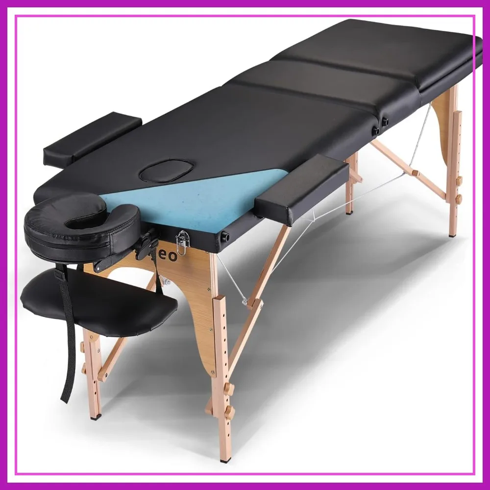 

Portable Massage Table 3-Section Wooden Frame Height Adjustable 24-34" Black