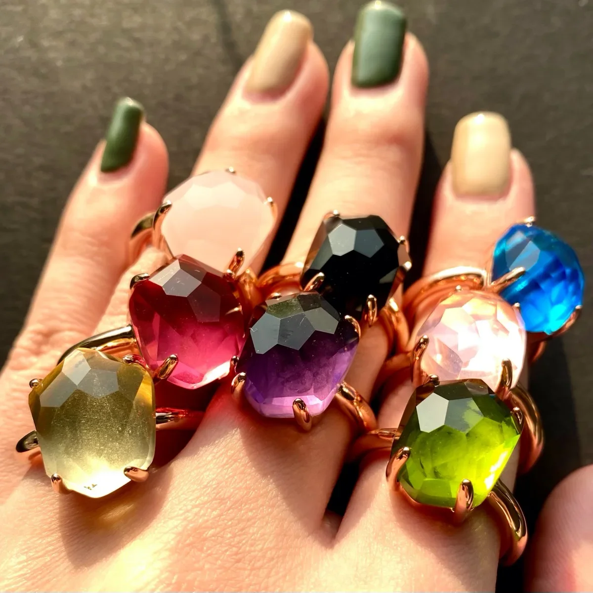 Original Design Rose Gold plated Irregular geometry Olive green candy ring crystal Fashion Birthday gift for girlfriend
