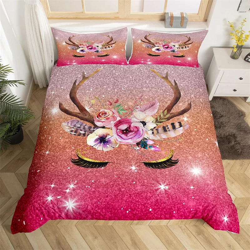 Kawaii Eyelash Duvet Cover King Boho Feather Elk Horn Bedding Set Polyester Glitter Gradient Sparkly Star Starry Sky Quilt Cover