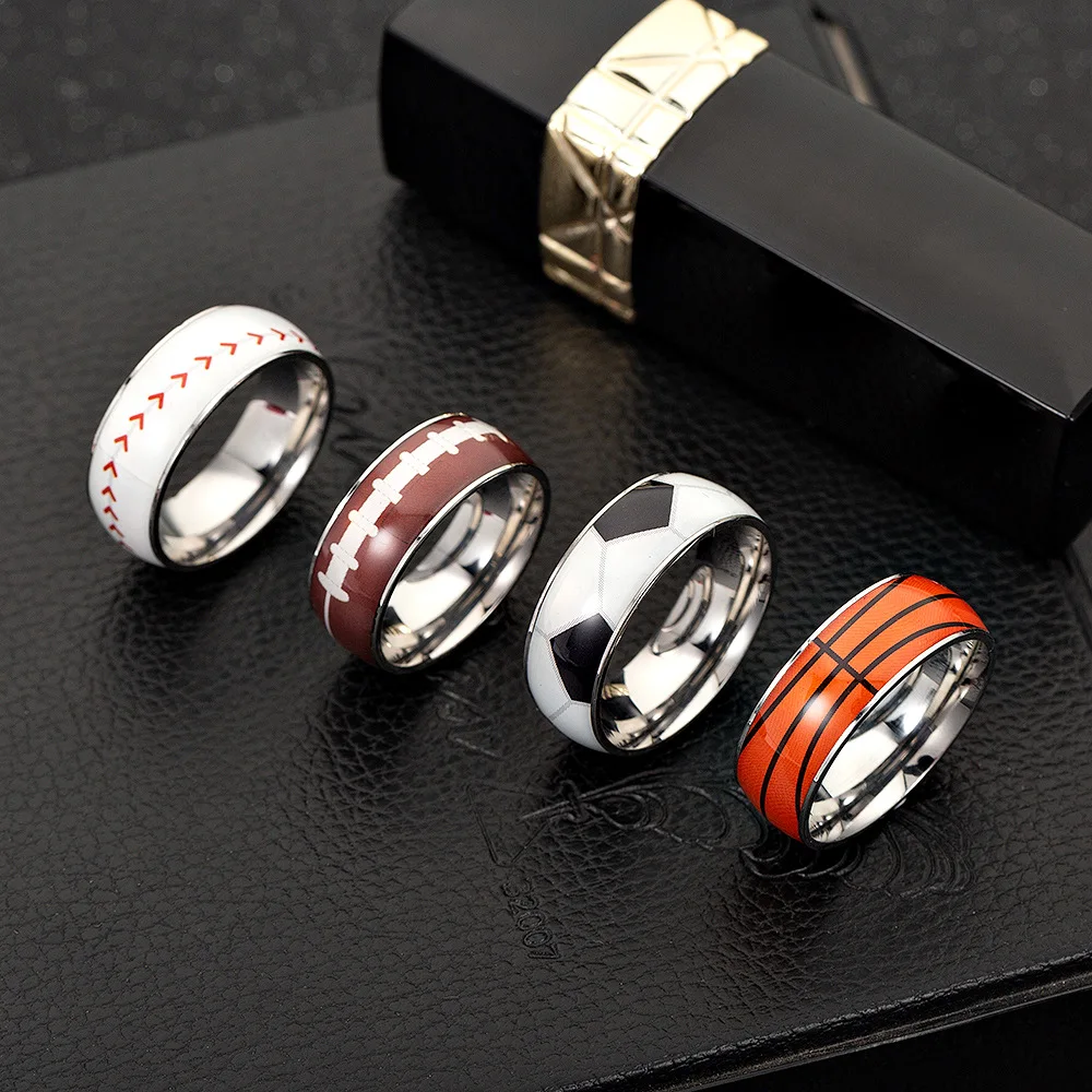 Stainless Steel Sports Ball Pattern Ring for Men Basketball/Football/Baseball/Soccer Print Band Ring Casual Sporty Jewelry Gift
