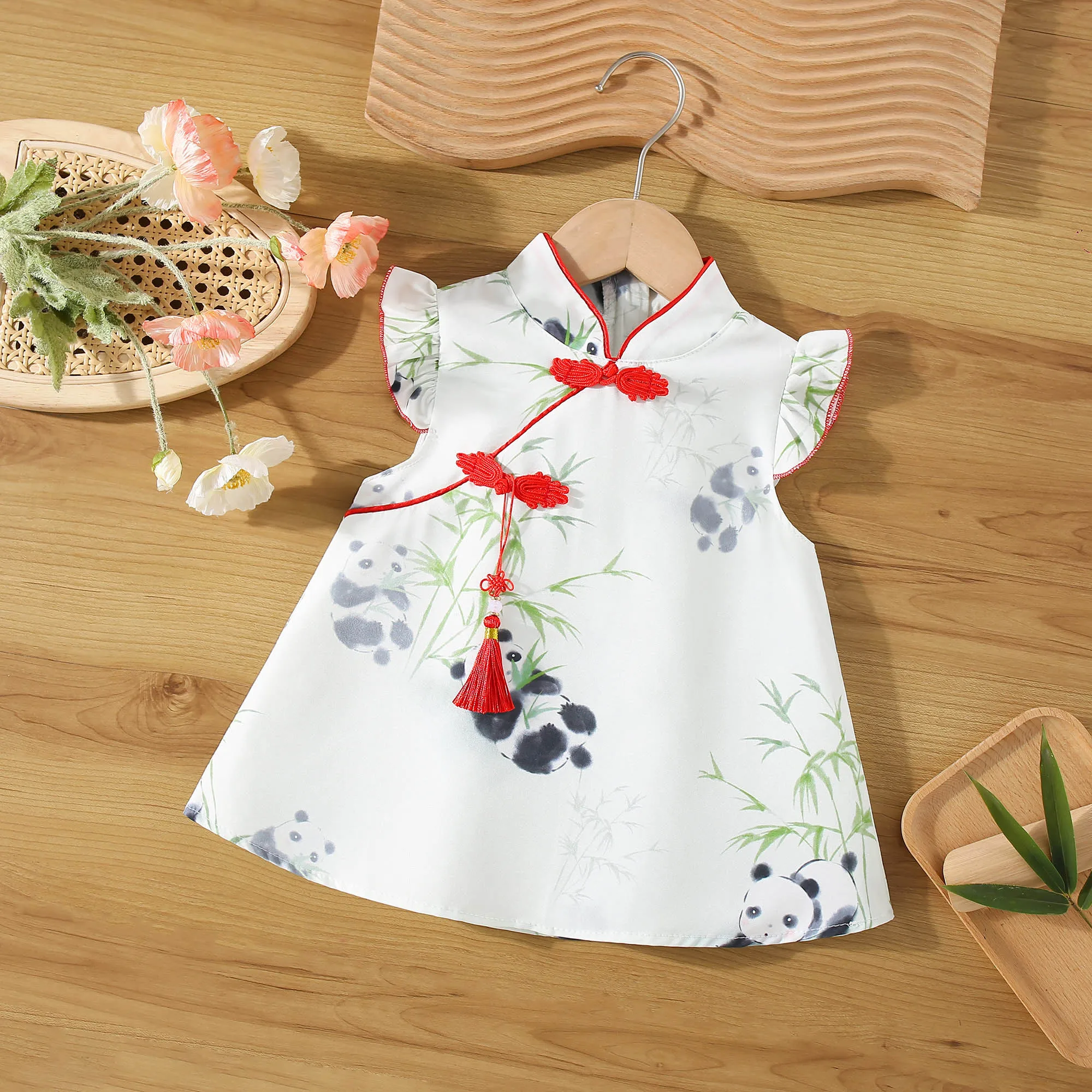 Summer New Baby Girl Dress With Small Flying Sleeves Panda Bamboo Sweet Princess Dress Chinese Style Qipao Elements