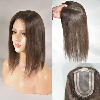 MONO ลูกไม้ Toppers ผมสําหรับผู้หญิง 4x6 TOP ผมชิ้น 100% มนุษย์ผมสีน้ําตาลสีคลิปในส่วนขยายไม่มี Bangs