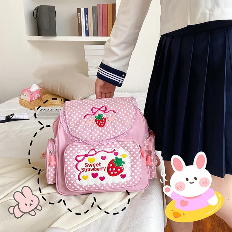 

Cute Embroidery Strawberry Children's Schoolbag Student Cartoon Shoulder Storage Bag Travel Backpack Gift