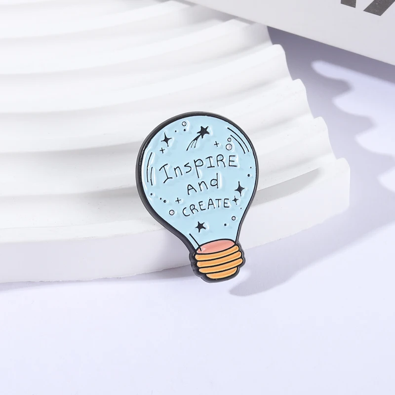 Inspire And Create Light Bulb Enamel Pin Inspirational Motivational Quote Brooch Lapel Badge Fashion Jewelry Gift for Friends