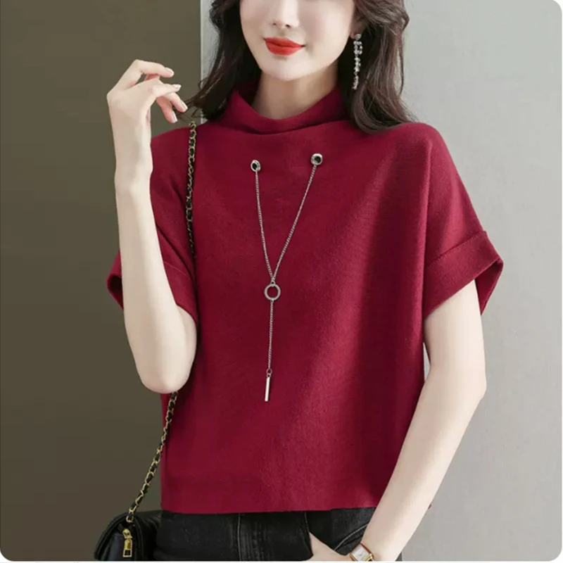 Qingdao primavera verão novo solto batwing sve malha ort sve camiseta feminina f gola alta casual faion básico sle