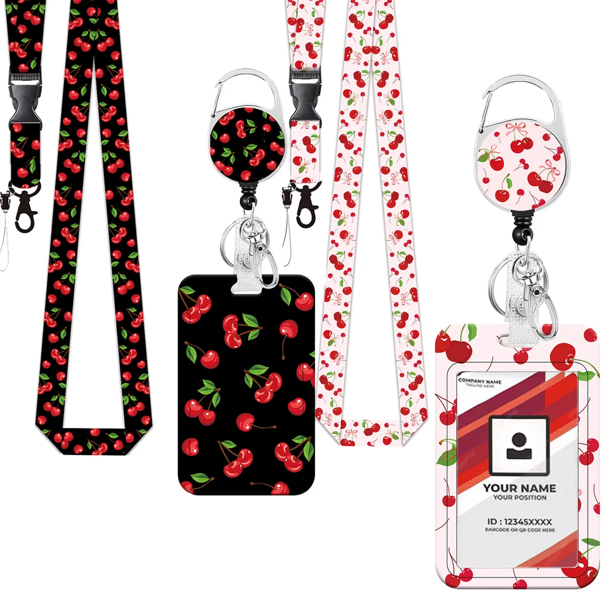 Cute Cherry Print Retractable Badge Reel Keychain, Pink Polyester Lanyard, Push-to-Slide Cover ID Card Holder