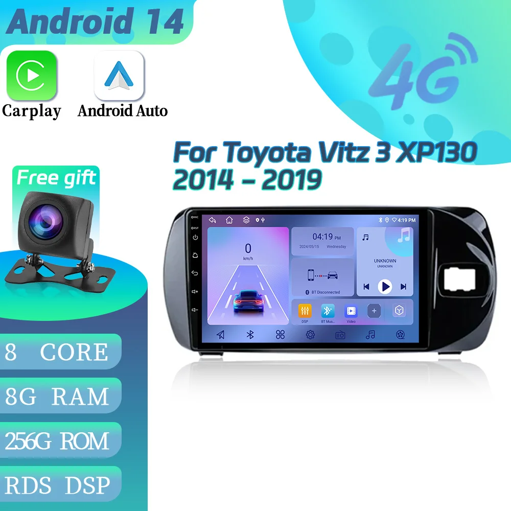 For Toyota Vitz 3 XP130 2014-2019 Android 14 Car Radio Multimedia Video GPS Navigation Wireless Bluetooth Carplay Touch Screen