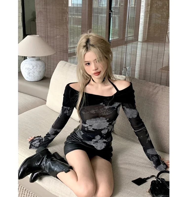Black One-Shoulder Neck Hanging Long Sleeve T-Shirt Women's Autumn Design Short Sun Protection Spicy Mesh Print Top
