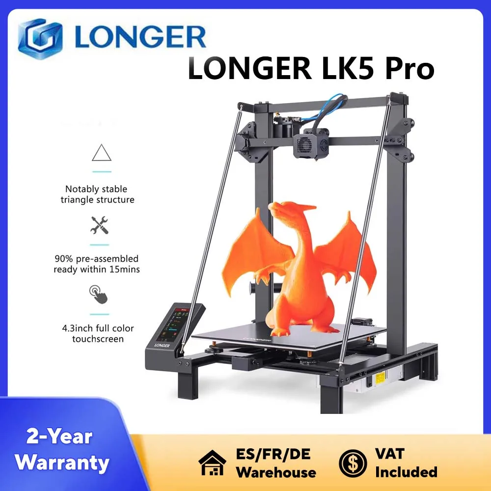 Imprimante 3D LONGER LK5 Pro, 90 % préassemblée, volume d'impression de 300 × 300 × 400 mm, écran tactile couleur de 4,3 pouces, double ventilateur, cadre triangulaire stable, imprimante 3D FDM de haute précision