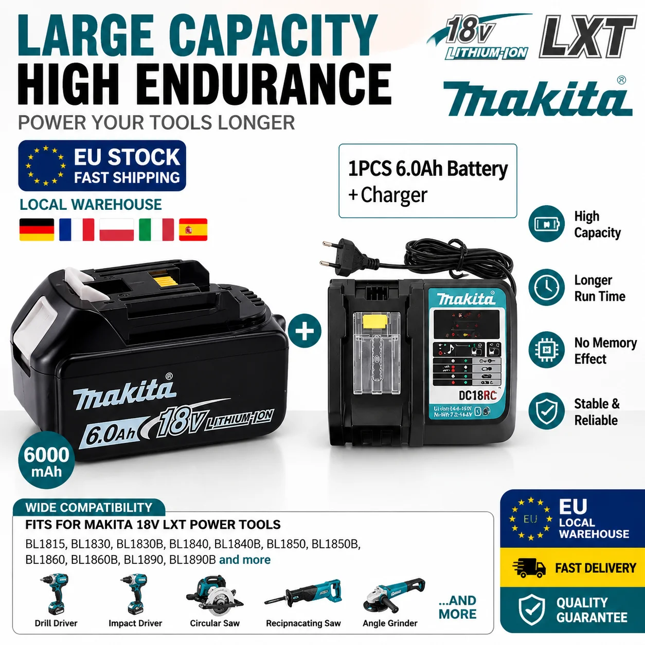 Makita 18V 6000mAh Li-Ionen-Akku BL1830 BL1850 für DF330D, DDF484, DHP484 Bohrmaschine, Schrauber, Kreissäge – EU-Lagerbestand