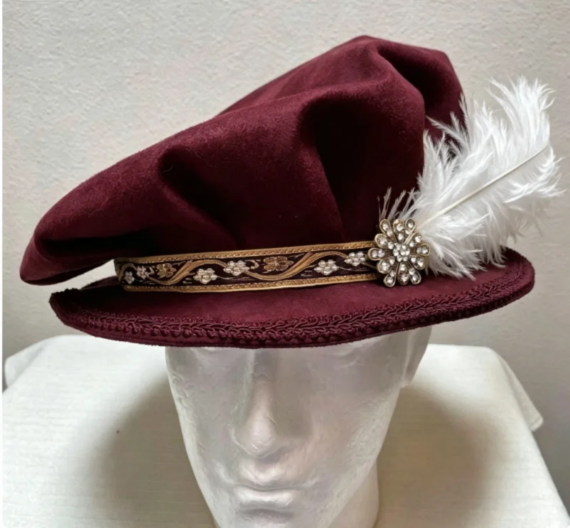 Sombrero de poeta de gamuza negra/roja con ala suave y alta, estilo medieval, tudor, elisabetano, colonial, revolucionario, para adulto.